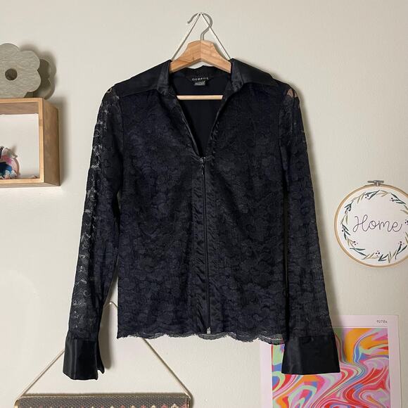 y2k vintage 2000's black lace long sleeve zip up blouse | size small - Picture 3 of 9